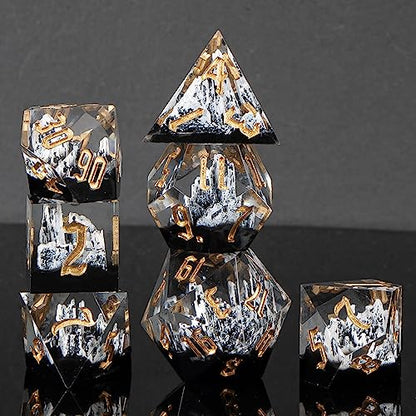 KERWELLSI DND Dice Set D&D, 7pcs Sharp Edge Resin D and D Dice with Gift Box, Nature Snow Mountain Dungeon Dragon Role Playing Dice D20 D12 D10 D8 D6 D4 - color: White