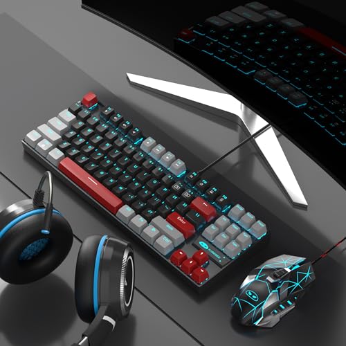 MageGee 75% Mechanical Gaming Keyboard, Red Switch, LED Blue Backlit, 87 Keys Compact TKL Wired Computer Keyboards for Windows Laptop PC Gamer - Black/Grey - color: Black Grey/Red Switch