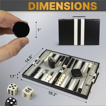 Large Black Backgammon Sets for Adults - Classic Board Games for 2 Players Adults and Kids - Premium Backgammon Set 15 Inch Board and 32 Backgammon Pieces in Quality PU Leather Case - style: Premium Black