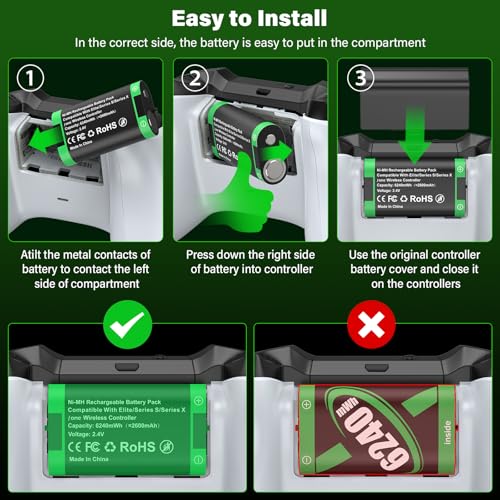 Rechargeable Battery Pack for Xbox Controller, 2x6240mWh Rechargeable Batteries Pack for Xbox One/Xbox Series X|S Xbox One S/Xbox One X/Xbox One Elite Controller Accessories Play and Charge Kit