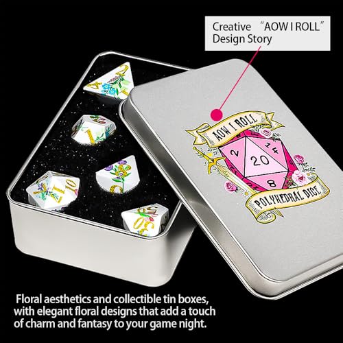 DND Dice Set, 7PCS UV Printed Sharp Edge Acrylic Dice with Metal Box, Lightweight Durable Design for Dungeons & Dragons, Floral Fantasy Theme