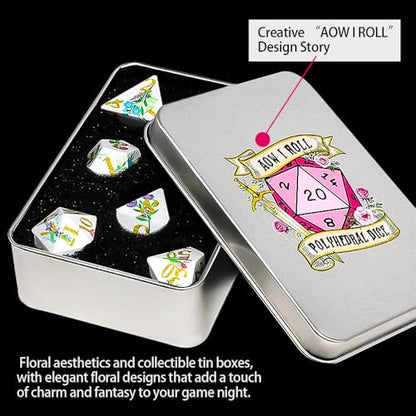 DND Dice Set, 7PCS UV Printed Sharp Edge Acrylic Dice with Metal Box, Lightweight Durable Design for Dungeons & Dragons, Floral Fantasy Theme