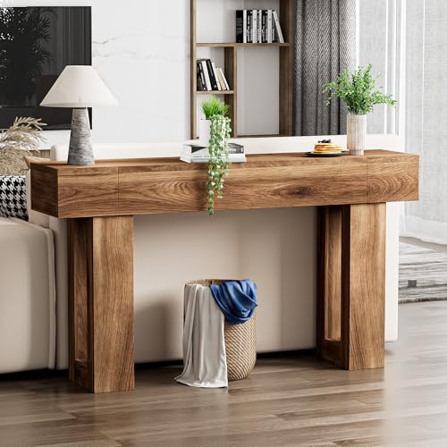 63 Inch Long Console Table, Narrow Rectangular Sofa Table Behind The Couch, Farmhouse Entryway Table for Entrance, Hallway, Living Room (Brown) - color: Brown, style: No Socket