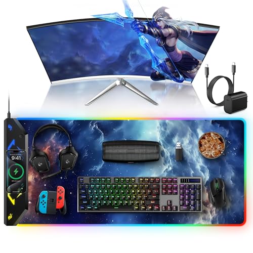TopMade Wireless Charging Mouse Pad, RGB Gaming Mousepad, 35.4" x 15.8" Extra Large Waterproof Keyboard Desk Pad, Computer Desk Mat, Blue Nebula (Includes 20W PD Power Adapter & 6.56ft Woven Cable) - color: RGB Blue Nebula-35.4"x15.8"-with Adapter