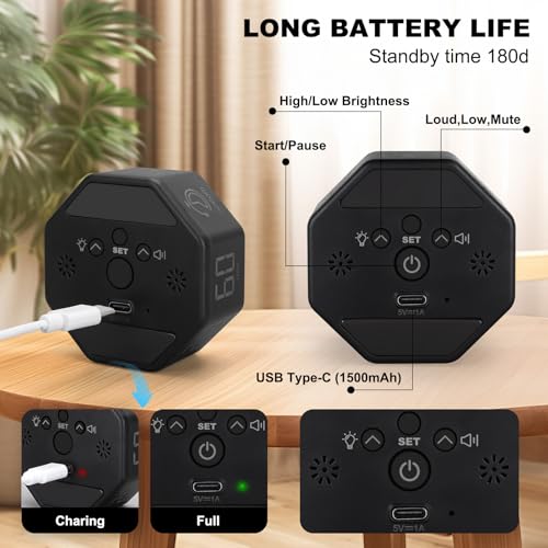 Small Productivity Timer - Pomodoro Timer with 3/5/10/25/60 Min Presets & Custom Countdown | Magnetic Rechargeable Digital Clock for Desk, Study and Games (Black) - color: Black