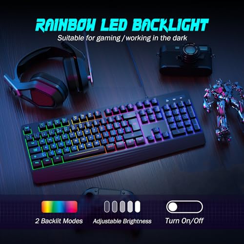 yesbeaut Gaming Keyboard, 7-Color Rainbow LED Backlit, 104 Keys Quiet Light Up Keyboard, Wrist Rest, Whisper Silent, Anti-ghosting Multimedia Keys, Waterproof USB Wired Keyboard for PC Mac Xbox - color: black