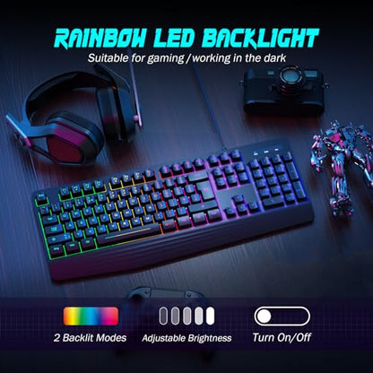 yesbeaut Gaming Keyboard, 7-Color Rainbow LED Backlit, 104 Keys Quiet Light Up Keyboard, Wrist Rest, Whisper Silent, Anti-ghosting Multimedia Keys, Waterproof USB Wired Keyboard for PC Mac Xbox - color: black