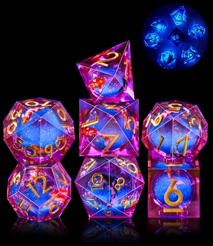 AUSTOR Liquid Core Dice Glow in The Dark DND Dice Set Koi Fish Resin Dices 7-Die Sharp Edge Polyhedral Dices for Dungeons and Dragons RPG MTG Table Games - color: Koi - Violet & Blue