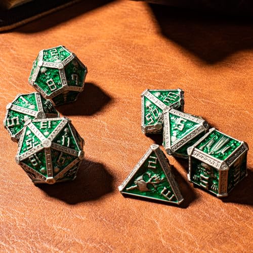DND Metal Dice Set with Gift Box for D&D/MTG RPG Board Games(Green-Ranger) | Gothic Skull Theme, Skeletal Numerals, Runes Engraved on Edges, Nice Tactile Feel, Metallic Texture & Weight, Well-Balanced - color: Skull-green