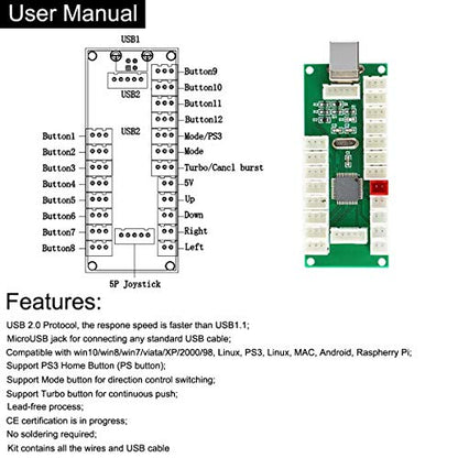 MYMIQEY 2 Players LED Arcade DIY Parts Kit for Mame PC Raspberry Pi PS3 Jamma Arcade Controllers Project, 2x Zero Delay USB Encoder + 2x 8 Way Joystick + 20x LED Illuminated Push Buttons (Red + Blue)