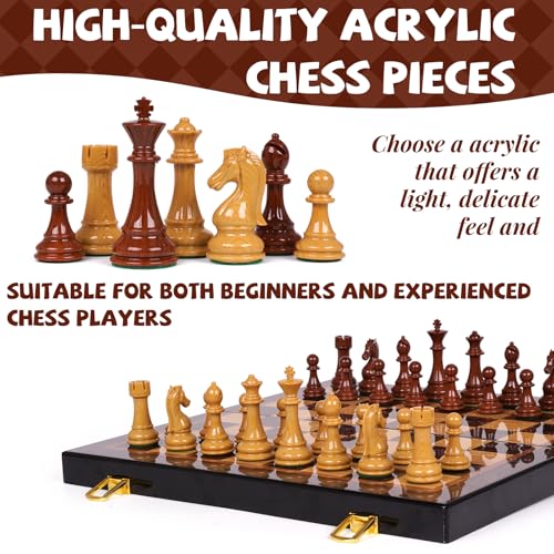 2 in 1 Chess Set and Checkers Board Game, 15 Inch Wooden Folding Chess Board with Acrylic Chess Pieces and Wooden Checkers, Classic Strategy Game Set for Kids and Adults, Travel Chess Set