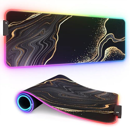 ITNRSIIET RGB Gaming Mouse Pad, Full Desk XL Extended Large Gaming Mousepad, 12 Lighting Modes 30% Thicker Big LED Desk Mat for Gamers, 32 x 12 inches, Black Gold Marbling - color: Black Gold Marbling