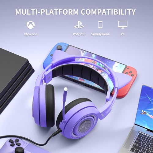 SOMIC G951S Purple Stereo Gaming Headset with Mic for PS4, PS5, Xbox One, PC, Phone, Detachable Cat Ear 3.5MM Noise Reduction Headphones Computer Gaming Headphone Self-Adjusting Gamer Headsets - color: Purple