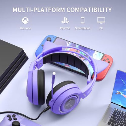 SOMIC G951S Purple Stereo Gaming Headset with Mic for PS4, PS5, Xbox One, PC, Phone, Detachable Cat Ear 3.5MM Noise Reduction Headphones Computer Gaming Headphone Self-Adjusting Gamer Headsets - color: Purple