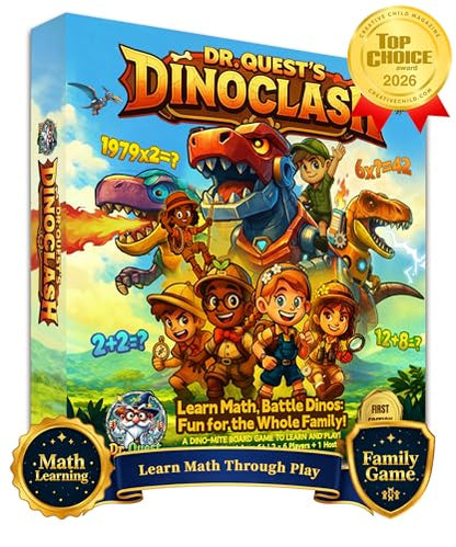 Dr. Quest Dino Clash Educational Math Board Game | Dinosaur-Themed Addition & Subtraction Game | Educational Family & Homeschool Math Game for Kids Ages 6–10