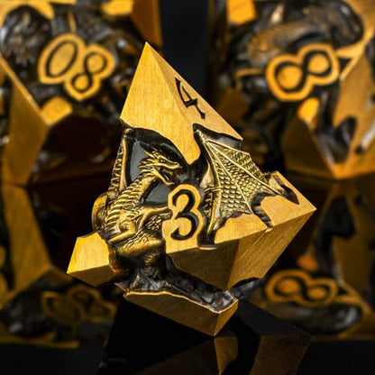 Roycevon Relief Dragon DND Dice Set for Role Playing Game, 7Pcs Metal D&D Dice Set Dungeons Dragons with Gift Box, Polyhedral D and D Dice D20 D12 D10 D8 D6 D4, Gold - color: Gold