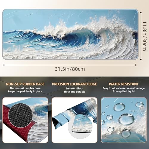 Galdas Gaming Mouse Pad XXL XL Large Long Extended Big Mousepad Non-Slip Rubber Keyboard Desk Pad with Stitched Edges for Laptop Home Office (31.5x11.8x0.08 Inch) … (Painting Waves) - color: Painting Waves