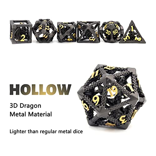 DND Dice Set,3D Hollow Dragon Metal 7-Die,Black | copper construction,68g balanced weight,engraved numbers,gift box and velvet bag for DND RPG play - color: 3d-black