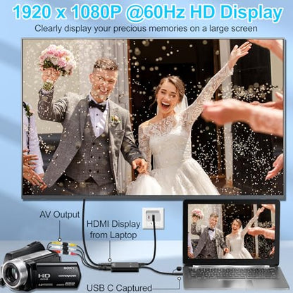 Herfair VHS to Digital - RCA to HDMI Converter, USB Video Capture Card for Hi8/VCR/DVD/AV/PS2/Wii Analog to Digital Adapter for Saving Old Memories to Modern Laptop Computer Electronics