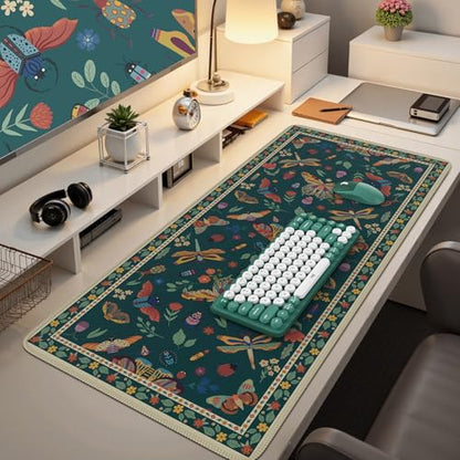 iCasso Desk Pad,Desk Matt for Desktop,Cute Mouse Pad,Green | Anti-Slip Large Mousepad with Stitched Edges,Keyboard Pad Mouse Mat for Home Office Work - color: Butterfly-green