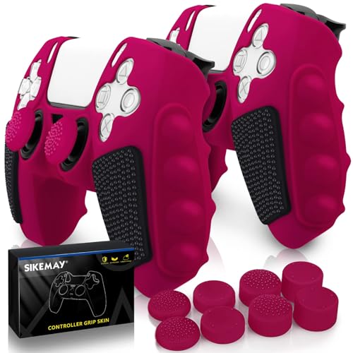 SIKEMAY Anti-Slip PS5 Controller Skin, Soft Thicken Non-Slip Studded Silicone Gel Grip Protective Cover Case for PlayStation 5 Controller Grip, 2 Pack with 8 x Thumb Grip Caps - color: Cosmic Red-Black