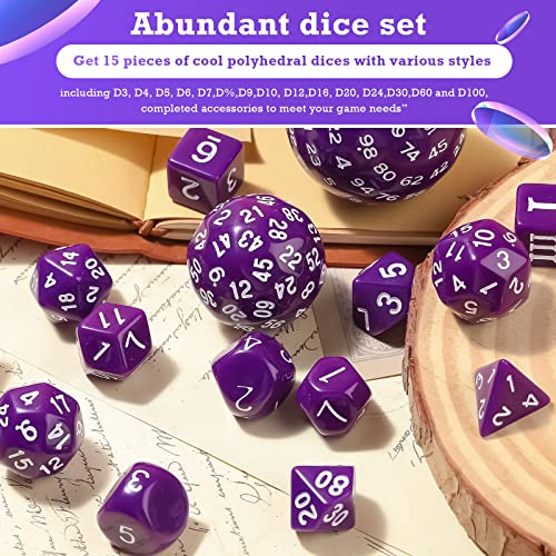 Civaner 15 Pcs Complete Polyhedral Dice Set D3-D100 Spherical RPG Dice Set in Opaque Black, 100 Sides for Role Playing Table Games Party Supplies(Purple and White) - color: Purple and White