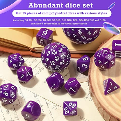 Civaner 15 Pcs Complete Polyhedral Dice Set D3-D100 Spherical RPG Dice Set in Opaque Black, 100 Sides for Role Playing Table Games Party Supplies(Purple and White) - color: Purple and White