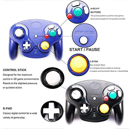 VTone Wireless Game Cube Controller, 2 Pieces 2.4G Wireless Classic Gamepad with Receiver Adapter for Wii Game Cube NGC GC (Black and Dark Blue)