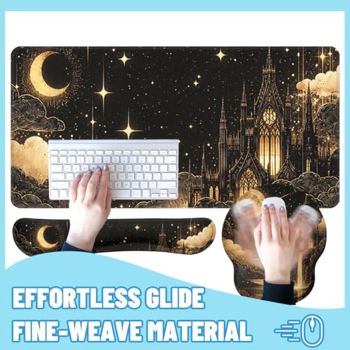 Fantasy Castle Desk Mat Set Celestial Gothic Night Large Mouse Pad with Wrist Rest 4-in-1 Desk Mat for Desktop Ergonomic Computer Desk Arm Wrist Anti-Slip Computer Ergonomic Mouse Pad Office Gaming - color: Fantasy Castle, size: 34.5" x 15.7"