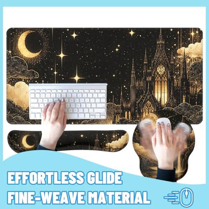 Fantasy Castle Desk Mat Set Celestial Gothic Night Large Mouse Pad with Wrist Rest 4-in-1 Desk Mat for Desktop Ergonomic Computer Desk Arm Wrist Anti-Slip Computer Ergonomic Mouse Pad Office Gaming - color: Fantasy Castle, size: 34.5" x 15.7"