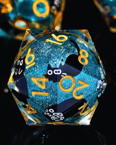 Froggod 싱글 리퀴드 코어 캣 D20 주사위 - DND, RPG, 테이블 탑 게임용 22mm 샤프 엣지 롤 플레잉 주사위 - 20면 레진 D&D 주사위, 캐스헤드 각인(블루) - color: 블루.