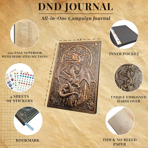 First Reign DnD Journal | Character Sheet, Campaign Tracker | 150+ Stickers | 200-page D&D notebook with 3D dragon embossed hardcover | Adventure log, DnD gifts, accessories & items for players and DMs