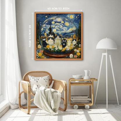 Cat Puzzles for Adults 1000 Pieces, Impossible Kitty Crystal Ball Flowers Jigsaw Puzzles, Van Gogh Starry Night Puzzle, Beautiful Kitten Floral Oil Painting Home Decor - style: Cats Crystal Ball puzzle