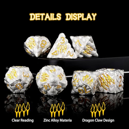 Dragon Scales Metal Dice Set with Intricate Dragon Claw Engravings - Gift Metal Box for D&D, MTG, RPG Tabletop Games（White） - color: White Dragon Scale (Dragon Claw)