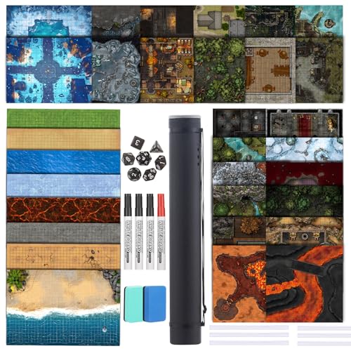 DND Map 32 Terrain 24” x 36",17” x 17",13” x 17" | Double Sidedv Grids Dry Erase Battle Mats for Dungeons & Dragons Game with Dice Set,Clips,Eraser,Markers
