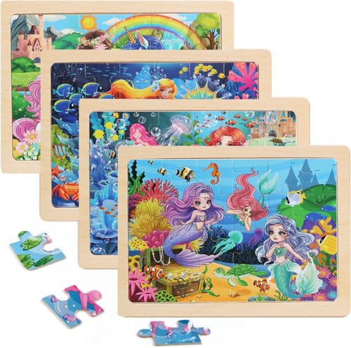 Wooden Puzzles for Kids Ages 4-6, 4 Packs 24 PCs Unicorn Mermaid Princess Fairy Jigsaw Puzzles, Preschool Educational Brain Teaser Toys for Girls 3 4 5 6 Years Old - color: Girl