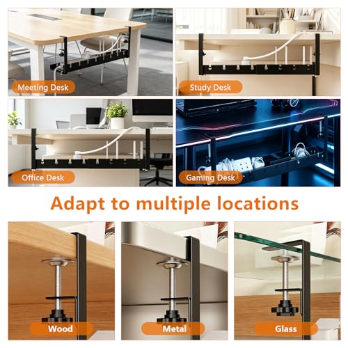 Under Desk Cable Management Tray, Expandable 25.2inch-38.6inch No Drill Clamp-On Wire Organizer, Heavy Duty Metal Cord Hider for Standing Desk Home Office, Black
