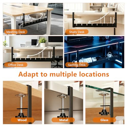 Under Desk Cable Management Tray, Expandable 25.2inch-38.6inch No Drill Clamp-On Wire Organizer, Heavy Duty Metal Cord Hider for Standing Desk Home Office, Black