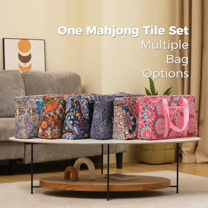 American Mahjong Tile Set with Purple Printed Carrying Bag, 166 Premium White Tiles, 4 All-in-One Color Racks/Pushers, Mah Jongg Sets, Complete Mahjong Game Set for Travel - color: Purple Print
