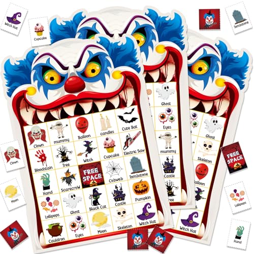 Blosssound Halloween Clown Bingo Game – 24 Players Bingo Cards with Call Card & Marker Sheets – Spooky Halloween Party Games, Classroom Activities, Fall Carnival Prizes, Trick or Treat Fun - style: Halloween Clown