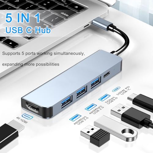 USB C HUB, Expand USB-C Multiport Adapter 5 in 1 with 4K HDMI, 100W Power Delivery, 3 USB A Data Ports for MacBook Pro/Air, iPad Pro/Air/Mini 6 and More