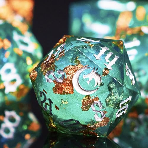 The Green Moon of Mystery Liquid Core DND Dice Set – Unique Resin Dice Set for Dungeons & Dragons – Galaxy Moon Dice for D&D Gifts - color: Greenmoon