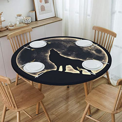 Famame Full Moon Howling Wolf Round Fitted Tablecloth with Elastic Protector Table Cloth Kitchen Dinner Waterproof Oil-Proof Table Covers Fits 40"-44", Small - color: Full Moon Howling Wolf