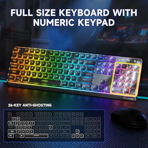 Free wolf M104 Wireless Gaming Keyboard with Numeric Keypad Tri-Mode(2.4Ghz/Wired/Bluetooth) Membrane Full Size Mechanical Feel Metal Panel RGB 4000MAH Rechargeable Quiet for PC/MAC/Win Gamer-Black - color: Black