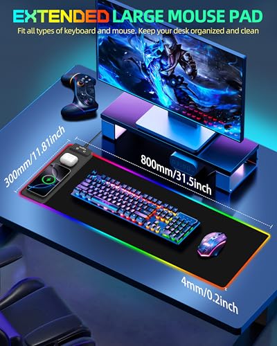 Wireless Charging Mouse Pad, RGB Gaming Mousepad, 31.5"x11.8" | Extra Large LED Desk Mat, 13 Lighting Modes, Ultra-Smooth Surface, Non-Slip Base, Waterproof Computer Keyboard Pad, Black - color: Black-31.5"x11.8"