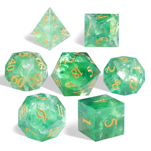 Natural Green Fluorite Dice Set, 7-Piece Handcrafted Polyhedral Dice with Gold Engraving, Ideal for D&D, RPG, MTG & Tabletop Games, Gift Box Included (Green Fluorite) - color: Green Fluorite
