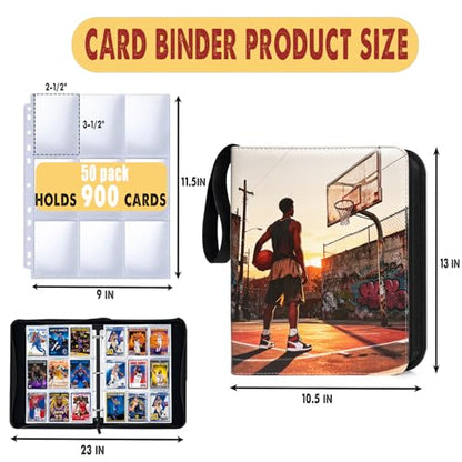Basketball Card Binder 900 Pockets, Sport Card Holder, Compatible with Panini, Topps Trading Card, Metal 3 Ring, Zipper, Transparent Sleeves, PU Cover - color: basketball, size: 900 pockets