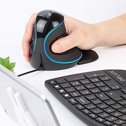 DELUX Wired Ergonomic Vertical Mouse, Ergonomic Mouse for Large Hands, Blue LED Backlit, Up to 12800 DPI, Removable Wrist Rest, 6 Programmable Buttons, Silent Click, Compatible with Laptop/PC (M618PU) - color: Wired with single light