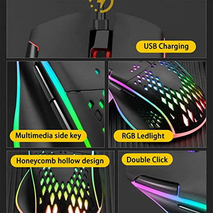 VEGCOO Wireless Gaming Mouse, C30 Silent Click Wireless Rechargeable Gaming Mouse with Double-Click Key and Colorful LED Lights, 3 Level Adjustable DPI, 400mah Lithium Battery for Gaming and Working - color: Black