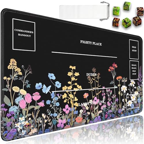 JVGFYNKL for MTG Playmat, 24 x 14 in for TCG Playmat with Zones,Trading Card Game Playmats with Storage Bag and 6 Dice, Black for MTG Table Mat Card Accessories, Colorful Wildflowers - color: JV-Playmat-5K-4-F142